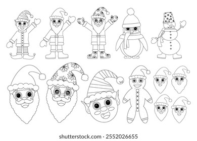 Black and white Christmas character set with Santa, elves, snowmen, and more for fun holiday coloring activities. Great for kids and adults.