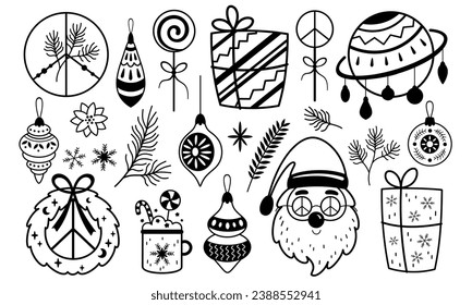 Black and white Christmas clipart with Santa Claus, Christmas tree toys, gift, planet, branches and other. Merry Christmas clipart in cartoon flat style.