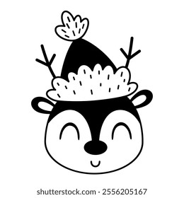 Black and white Christmas deer face clipart. Deer doodle. Cute festive character. Hand draw vector illustration in flat style