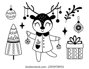 Black and white Christmas deers clipart in cartoon flat style. Merry Christmas clipart. Cute winter deer clip art. Vector illustration