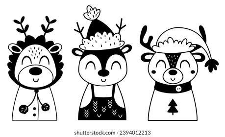 Black and white Christmas deers clipart. Merry Christmas clipart. Cute winter deer clip art. Vector illustration	
