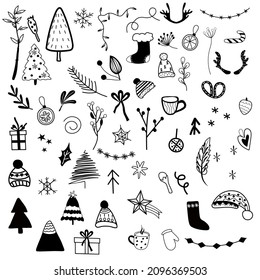 Black and white Christmas design elements, holly berry, Christmas tree, hat, snowflake, garland, Christmas balls, gift box. Scandinavian elements. Concept Christmas and New Year. Vector illustration.