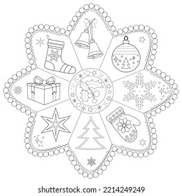 Black and white christmas elements, holly, pine, sock, mitten, bells, balls, stars. Coloring book page, vector illustration.