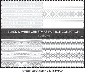 Black and White Christmas fair isle pattern collection includes 4 design swatches for fashion textiles, knitwear and graphics