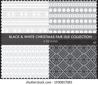 Black and White Christmas fair isle pattern collection includes 4 design swatches for fashion textiles, knitwear and graphics