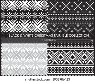 Black and White Christmas fair isle pattern collection includes 4 design swatches for fashion textiles, knitwear and graphics