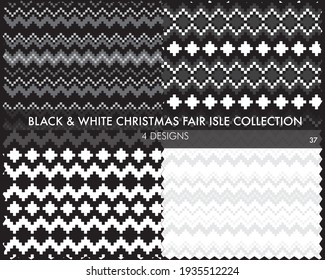 Black and White Christmas fair isle pattern collection includes 4 design swatches for fashion textiles, knitwear and graphics