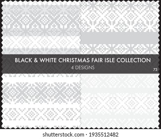 Black and White Christmas fair isle pattern collection includes 4 design swatches for fashion textiles, knitwear and graphics