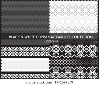 Black and White Christmas fair isle pattern collection includes 4 design swatches for fashion textiles, knitwear and graphics