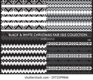 Black and White Christmas fair isle pattern collection includes 4 design swatches for fashion textiles, knitwear and graphics