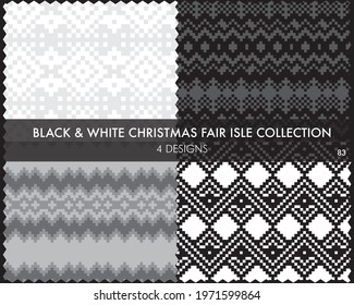 Black and White Christmas fair isle pattern collection includes 4 design swatches for fashion textiles, knitwear and graphics