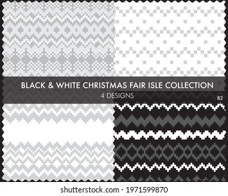 Black and White Christmas fair isle pattern collection includes 4 design swatches for fashion textiles, knitwear and graphics