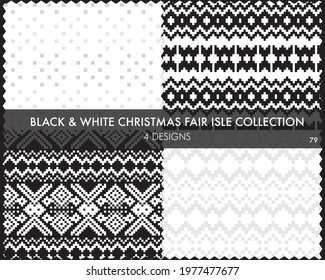 Black and White Christmas fair isle pattern collection includes 4 design swatches for fashion textiles, knitwear and graphics
