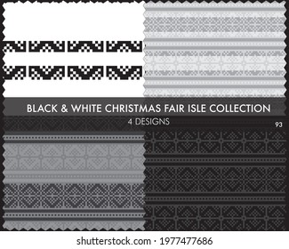 Black and White Christmas fair isle pattern collection includes 4 design swatches for fashion textiles, knitwear and graphics