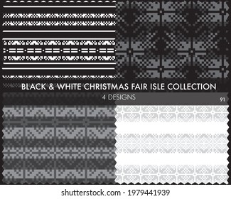 Black and White Christmas fair isle pattern collection includes 4 design swatches for fashion textiles, knitwear and graphics