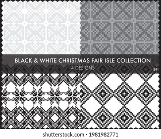 Black and White Christmas fair isle pattern collection includes 4 design swatches for fashion textiles, knitwear and graphics