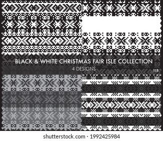 Black and White Christmas fair isle pattern collection includes 4 design swatches for fashion textiles, knitwear and graphics