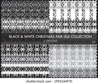 Black and White Christmas fair isle pattern collection includes 4 design swatches for fashion textiles, knitwear and graphics