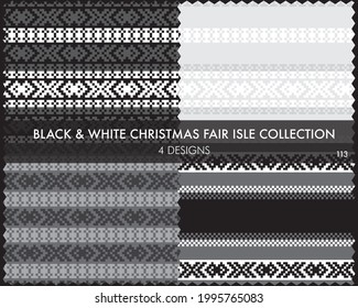Black and White Christmas fair isle pattern collection includes 4 design swatches for fashion textiles, knitwear and graphics