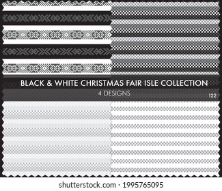 Black and White Christmas fair isle pattern collection includes 4 design swatches for fashion textiles, knitwear and graphics