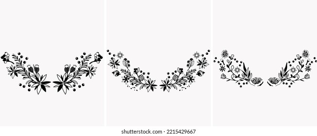 Black and white Christmas flowers compositions, poinsettia, leaves, winter berries, spruce branch. Concept Christmas and New Year. Perfect for greeting cards, poster, banner. Vector.