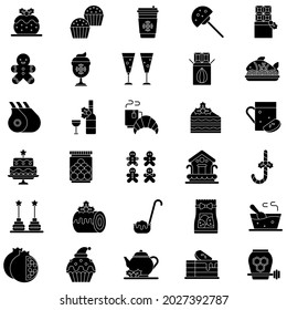 Black and white Christmas food and drinks flat icon collection set 