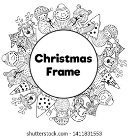 Black and white Christmas frame in coloring page style. Place for your text. Snowman, Santa, deer, bear and Christmas tree. Vector illustration