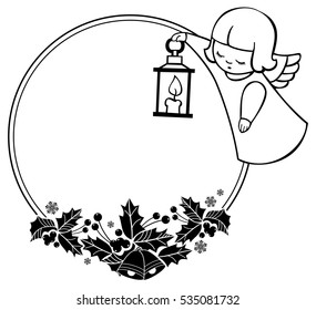 Black and white Christmas frame with cute angels. Copy space. Christmas holiday background. Vector clip art.