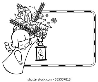 Black and white Christmas frame with cute angels. Copy space. Christmas holiday background. Vector clip art.