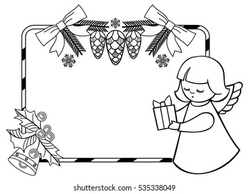 Black and white Christmas frame with cute angels. Copy space. Christmas holiday background. Vector clip art.