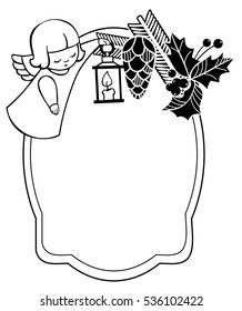 Black and white Christmas frame with cute angels. Copy space. Christmas holiday background. Vector clip art.