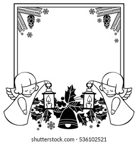Black and white Christmas frame with cute angels. Copy space. Christmas holiday background. Vector clip art.
