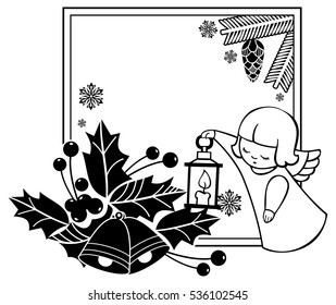 Black and white Christmas frame with cute angels. Copy space. Christmas holiday background. Vector clip art.