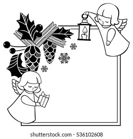 Black and white Christmas frame with cute angels. Copy space. Christmas holiday background. Vector clip art.