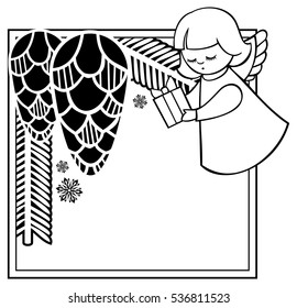 Black and white Christmas frame with cute angels. Copy space. Christmas holiday background. Vector clip art.