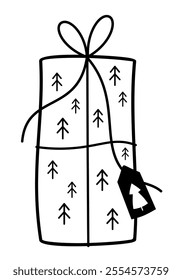Black and white Christmas gift box clipart. Present clipart, festive element. Vector illustration in flat style