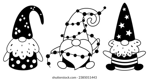 Black and white Christmas gnomes clipart. Scandinavian gnomes. Merry Christmas clipart. Vector illustration	
