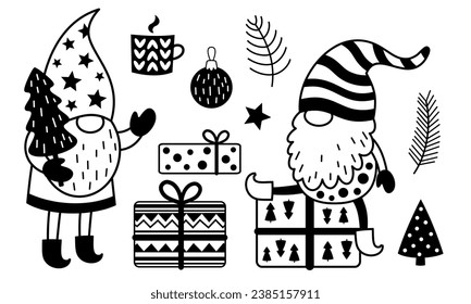 Black and white Christmas gnomes clipart. Vector illustration	
