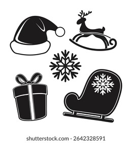 Ícone de Natal preto e branco definido com presente chapéu de Papai Noel e design floco de neve