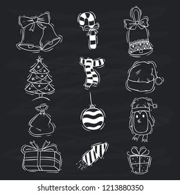 black and white christmas icons collection with hand drawn or doodle art on chalkboard background