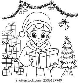 Black and White Christmas Illustration for Coloring: Boy with Gift and Christmas Tree