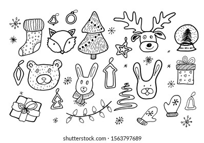 
Black and white christmas illustration set. Cute animals: bear, fox, deer and hare. Christmas tree, gift box, snowflakes, 
sock, mittens and ornaments. Outline drawing.