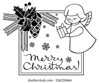 Black and white Christmas label with angels and artistic written text: "Merry Christmas!". Christmas holiday background. Vector clip art.