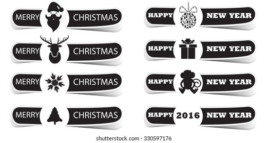 Black and white Christmas label with Christmas tree, Santa, snowflake, and deer. Vector illustration.