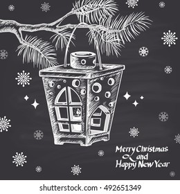  Black and White Christmas lantern hanging on the branch of a pine drawn in chalk. Merry Christmas and happy new year 2017.