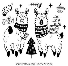 Black and white Christmas llama clipart in cartoon flat style. Cute winter alpaca clip art. Vector illustration.