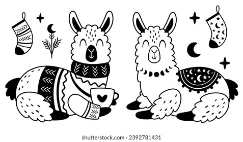 Black and white Christmas llama clipart in cartoon flat style. Cute winter alpaca clip art. Vector illustration.