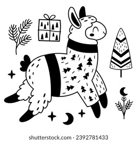 Black and white Christmas llama clipart in cartoon flat style. Cute winter alpaca clip art. Vector illustration.