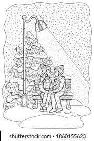 Black and white Christmas and New Year greeting card with couple in love  on the bench under lantern light in snow fall in the park. Hand drawn vector illustration, winter background.