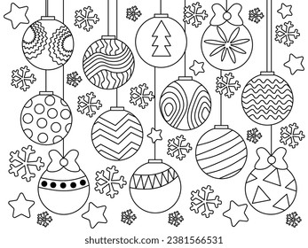 Black and white Christmas, New Year doodle illustration, coloring book page, with Christmas balls